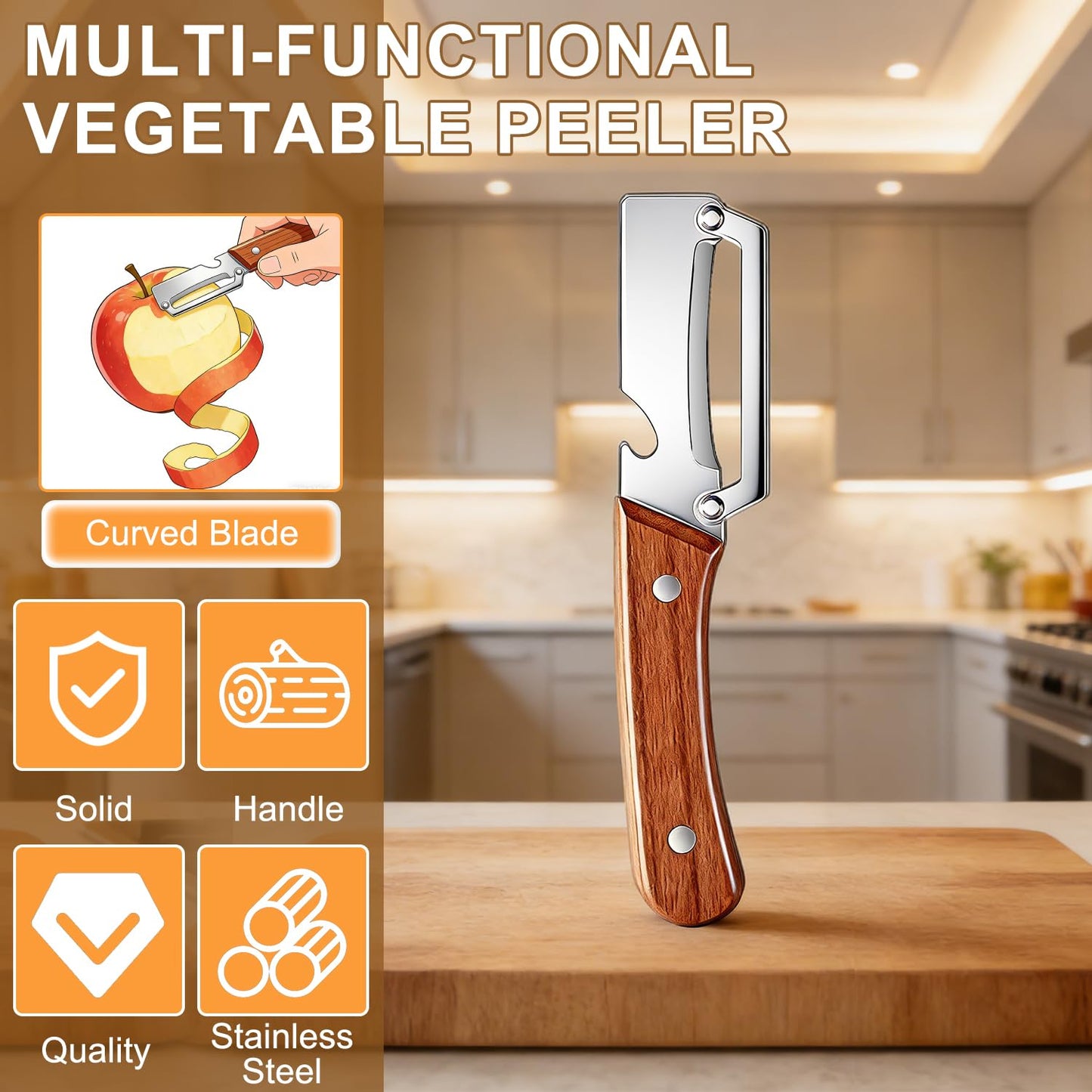 2PCS Multi Functional Premium Vegetable Peeler with Wooden Handle and Bottle Opener,Stainless Steel Blade Kitchen Tool for Fruit Apple Potato Pumpkin Papaya Carrot