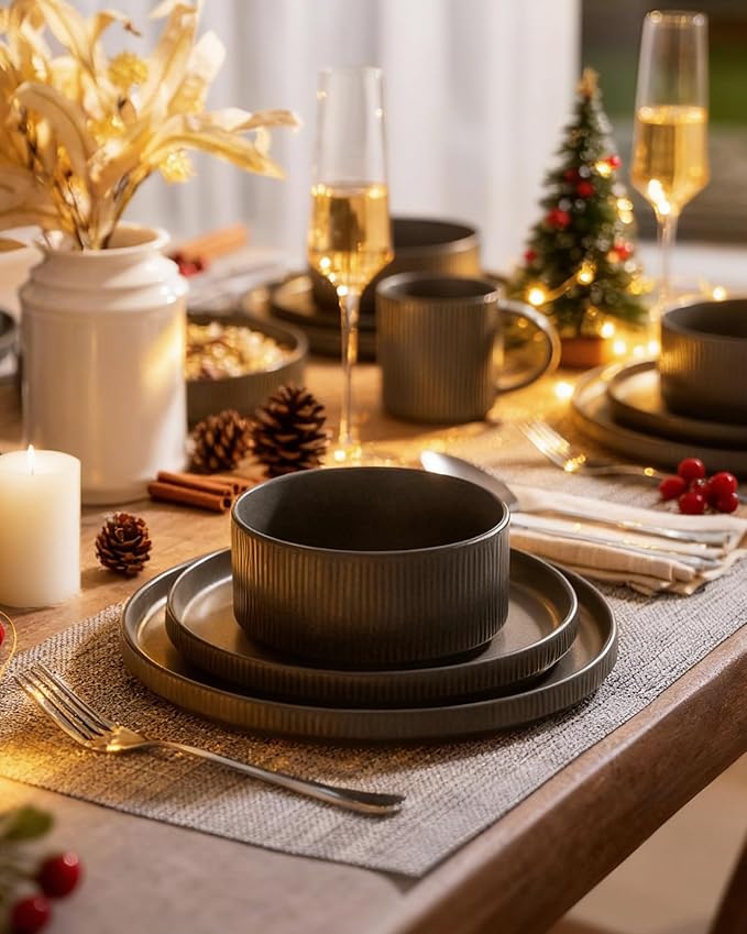 Famiware Star Dinnerware Set with Pasta Bowls, Service for 6 (24 Pieces), Ribbed Stoneware Plates and Double Bowls Sets - Chip & Scratch Resistant, Microwave & Dishwasher Safe, Matte Dark Charcoal