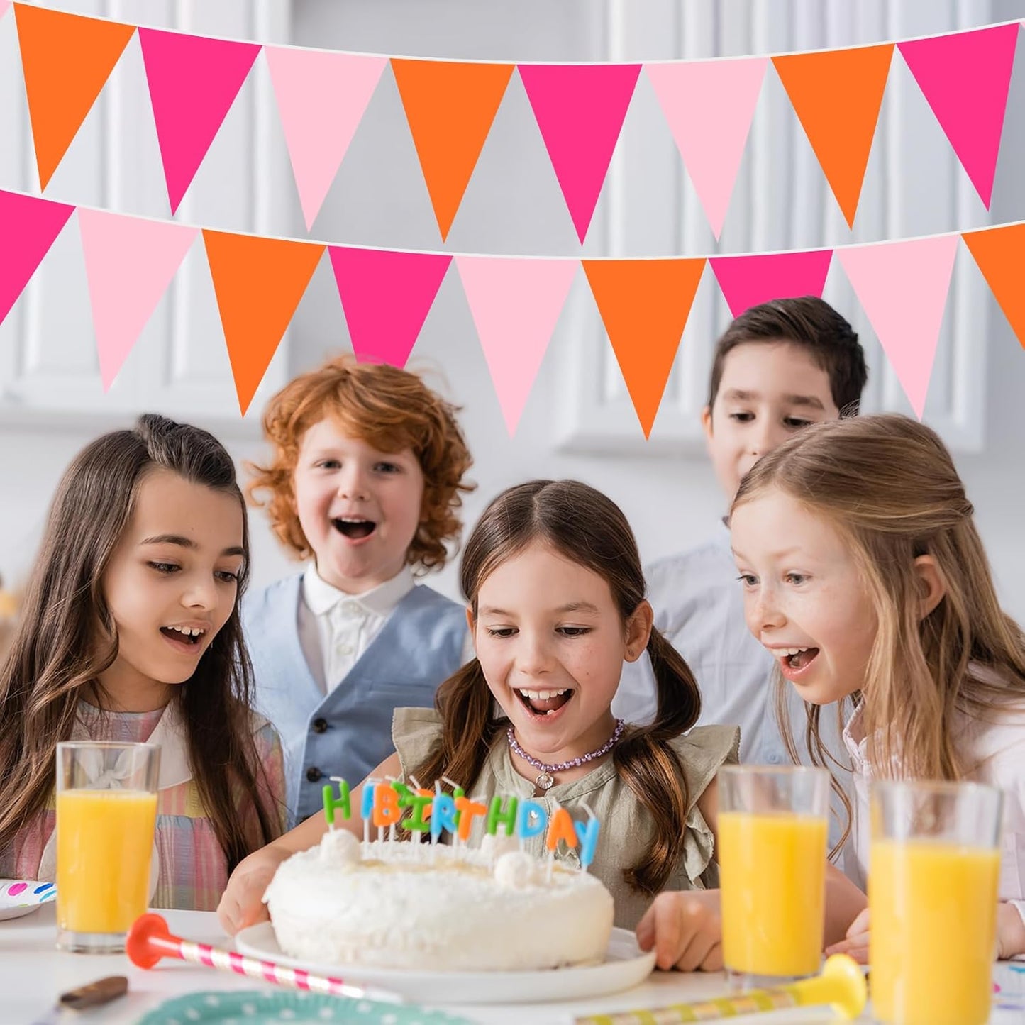Pasimy 49.21 ft 60 Pieces Pink and Orange Party Pennant Banner Flags Decorations String Triangle Flags for Birthday Baby Shower Carnival Movie Witch Crown Pink Halloween Party Supplies