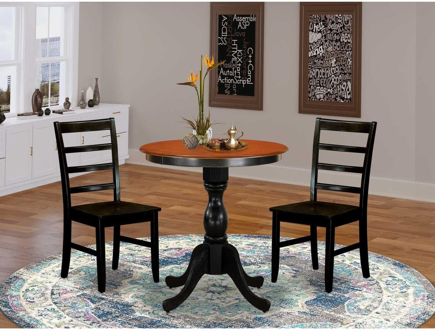 East West Furniture ESVA3-BCH-C 3 Piece Kitchen Table Set for Small Spaces Contains a Round Dining Room Table with Pedestal and 2 Linen Fabric Upholstered Chairs, 30x30 Inch, Black & Cherry
