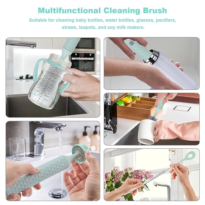 Electric Bottle Brush, 4 Piece Bottle Brush Set with Baby Bottle Brush Cleaner, Nipple Brush, Pacifier Cleaner, Straw Cleaner Brush, Gifts for Newborns and Mothers, Blue