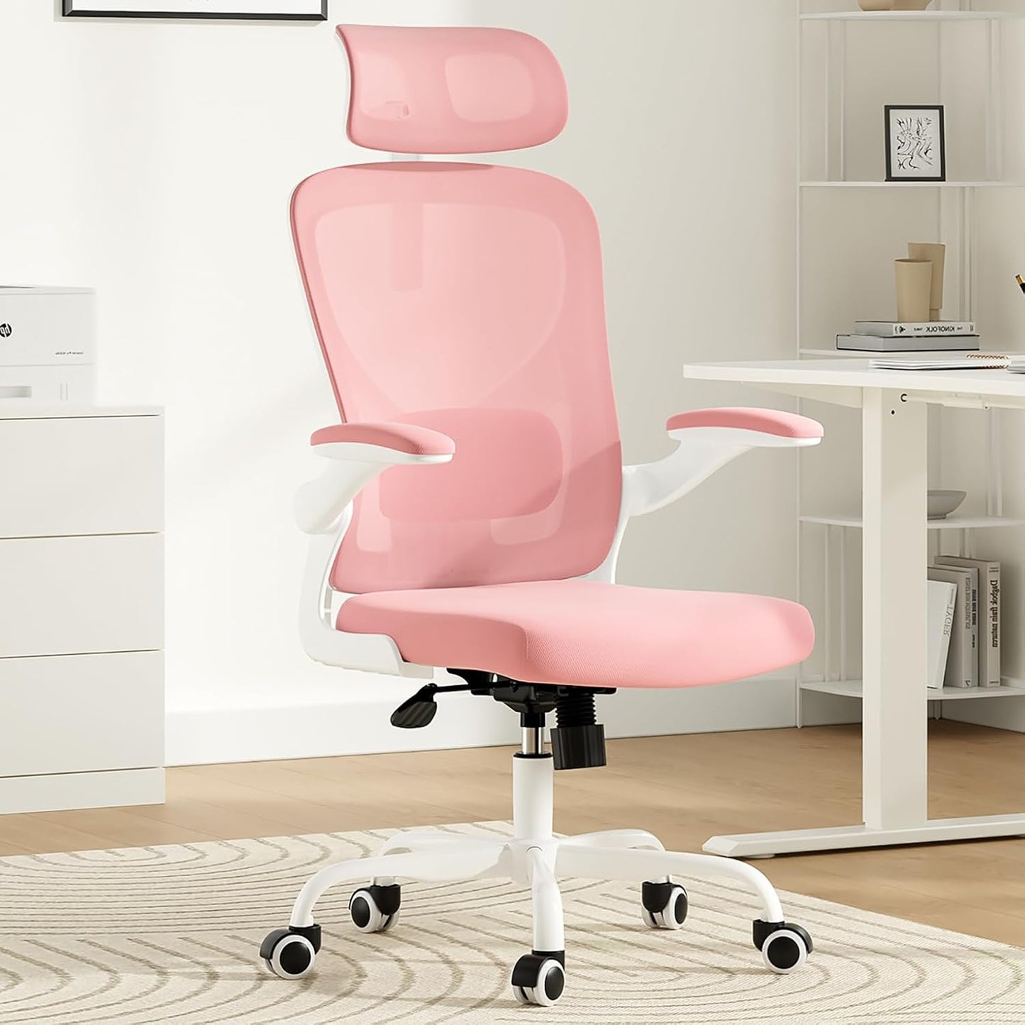 Ergonomic Office Chair, Comfy Home Office Chair High Back Computer Chair with Headrest, Adjustable Back Support, Flip-Up Arms, 90-120° Tilt and Wide Cushion, Up to 300lbs, Pink+White