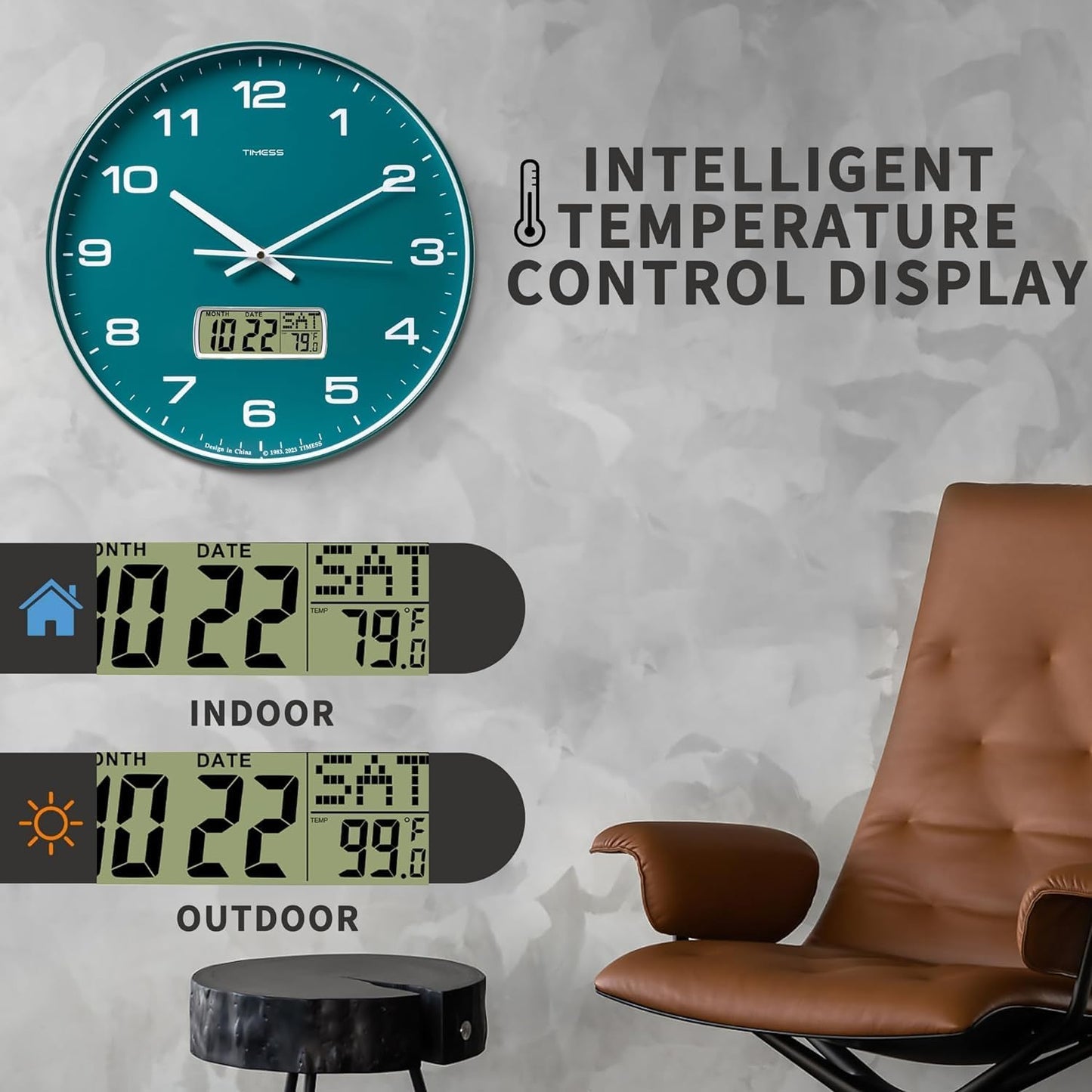 Wall Clock, 13" Dial Non-Ticking Silent Battery Operated Analog with LCD Display for Perpetual Calendar and F° Temperature, Ideal Modern Home, Office Decor (Green)