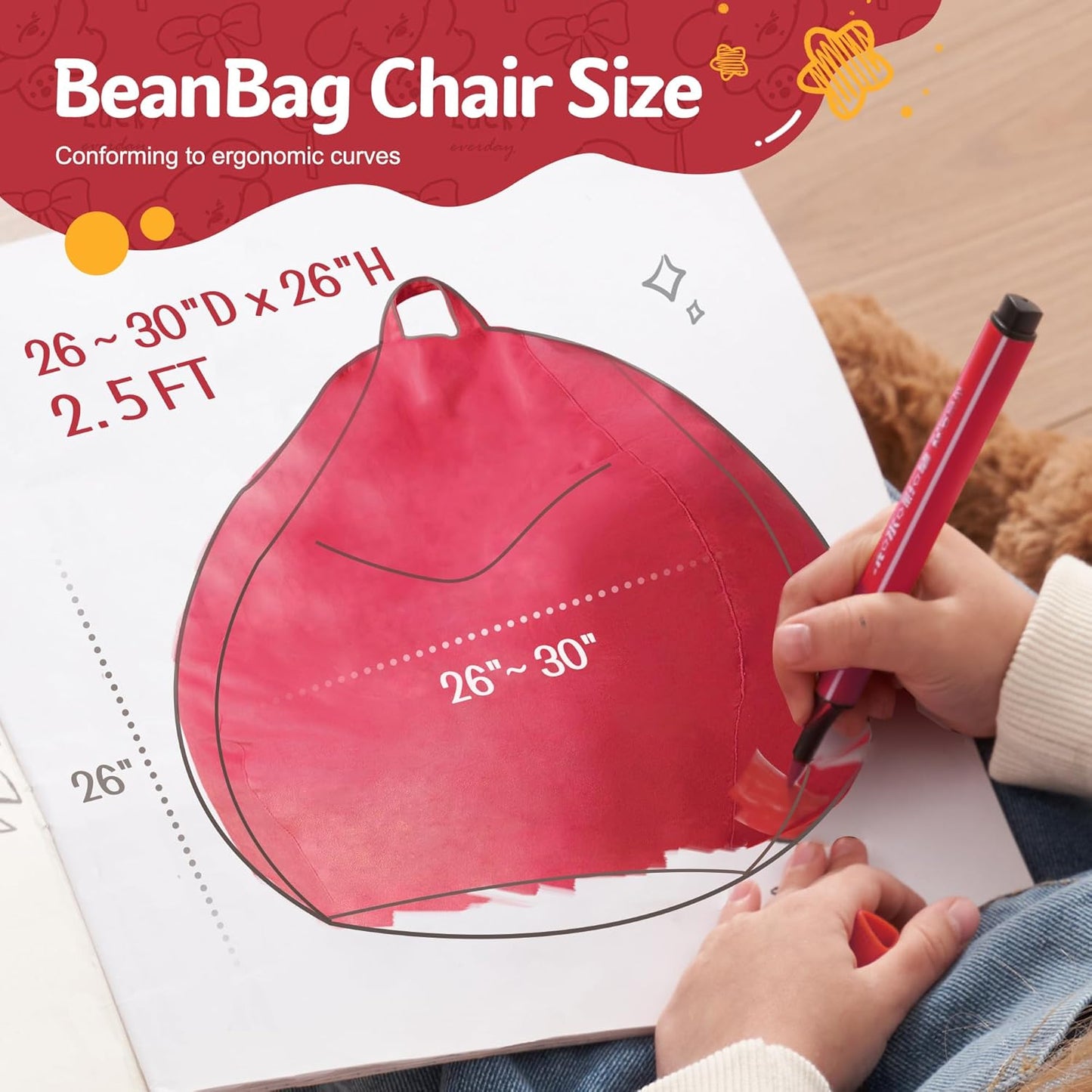 Homguava 2FT Bean Bag Chair: 2' Bean Bags with Memory Foam Filled,Comfy Beanbag Chairs Round Bean Bag Sofa with Dutch Velvet Cover-Red