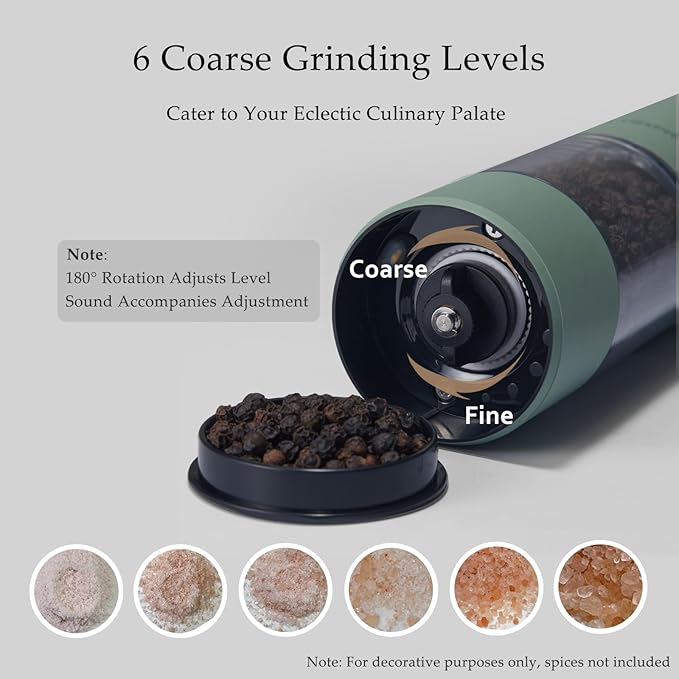 Electric Salt and Pepper Grinder Set, USB Rechargeable, Automatic Salt and Pepper Mill Grinder with Adjustable Coarseness, Electric Salt Shakers, LED Light, Refillable (2 Packs, Sage)