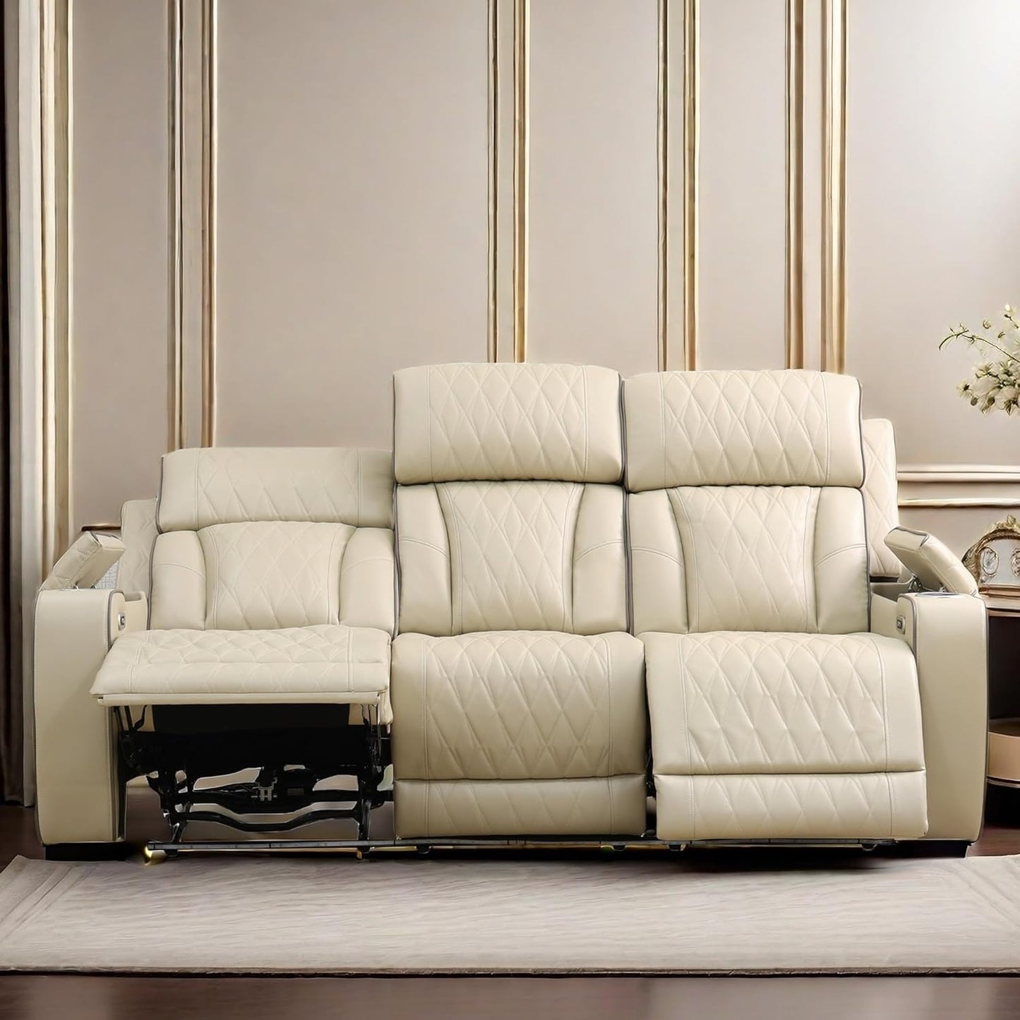 Leather Recliner Sofa Couch, 3-Seater Home Theater Seating Reclining Sofa, Power Reclining Couch with Cup Holders & Drop Down Table for Living Room Furniture Sets, Khaki