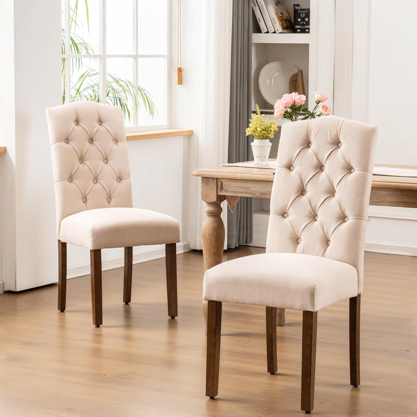 Tufted Upholstered Parsons Dining Chair Set Fabric Diner Accent Stylish Modern Kitchen Living Room with Button Sturdy Solid Wood Legs