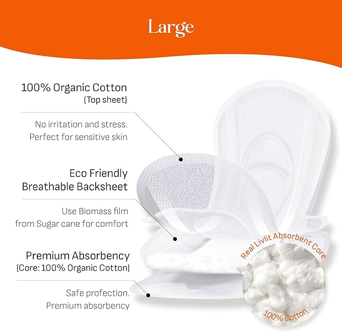 Livlit Large Size Ultra Thin Sanitary Pads, 100% Organic Cotton from Texas, Powerful Leak Protection, Unscented, Chlorine Free and Absorbency of Feminine Periods, Pads for Women (12 Count)