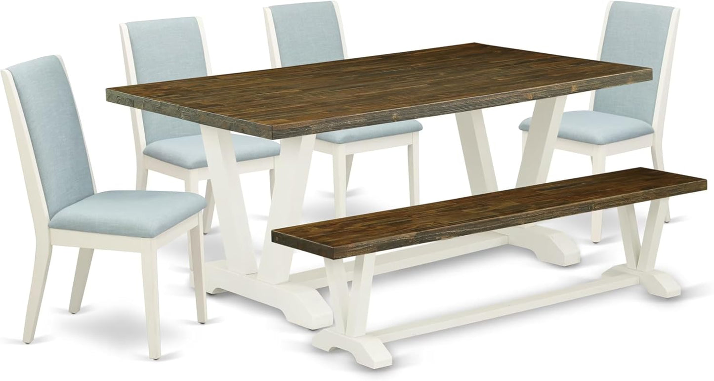 East West Furniture V077LA015-6 6 Piece Dining Table Set Contains a Rectangle Dining Room Table with V-Legs and 4 Baby Blue Linen Fabric Parson Chairs with a Bench, 40x72 Inch, Multi-Color