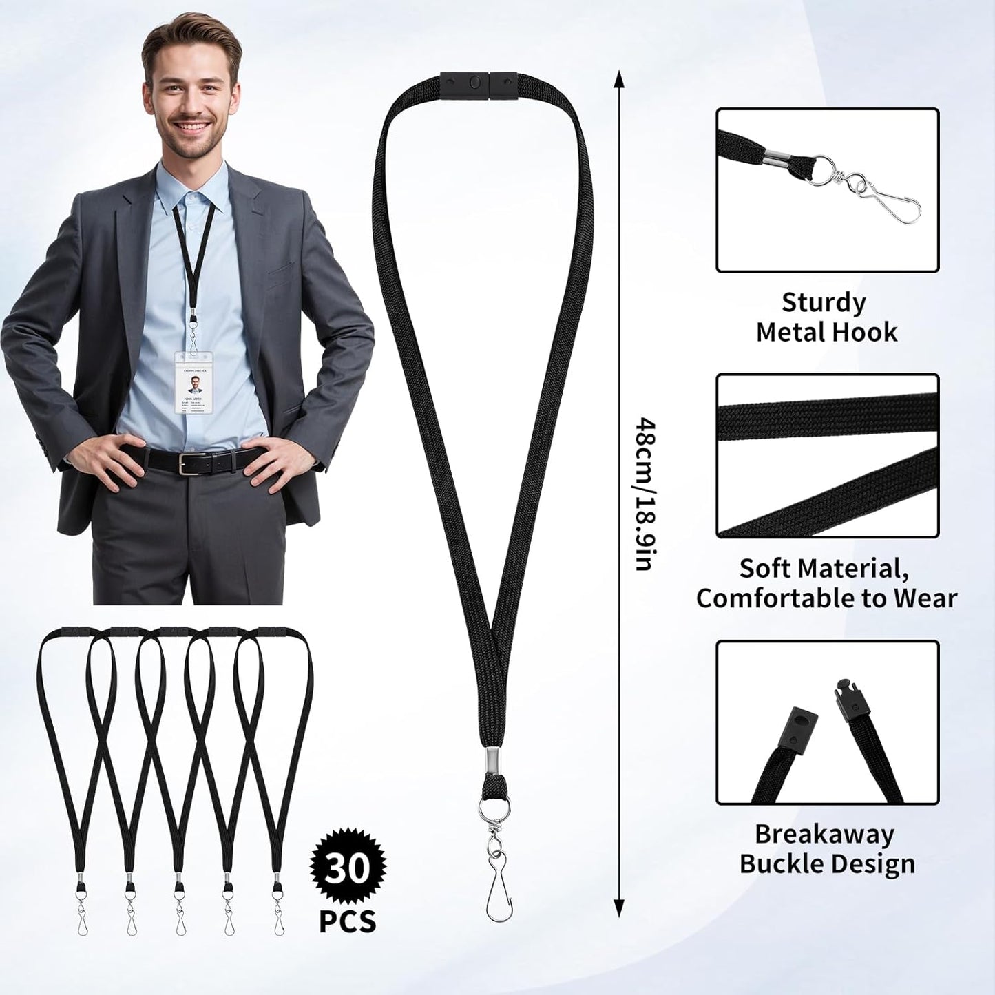 30 Pcs Breakaway Lanyard for Id Badges Lanyards Break Away Safety Lanyard Teacher Volunteer Student Team Lanyards for Keys (Black)