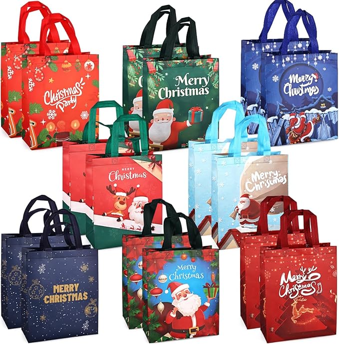 16PCS Christmas Tote Treat Non-Woven Gift Bags with Handles for Gifts Wrapping Shopping, Xmas Party Supplies, 12.2×9.8×4.53inch