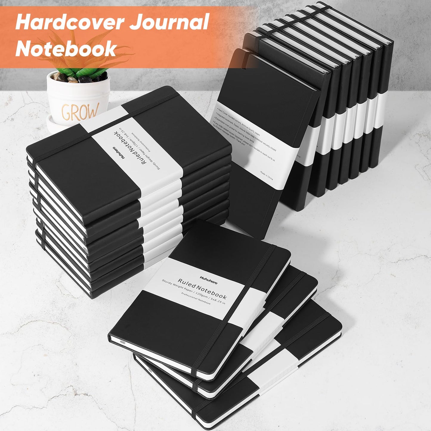 Huhuhero 10 Pack Lined Journal Notebook, 120Gsm College Ruled Thick Paper Journals for Writing, Hardcover Notebooks for Work School Business Note Taking Women Men, 5"×8.25" (10, Black)