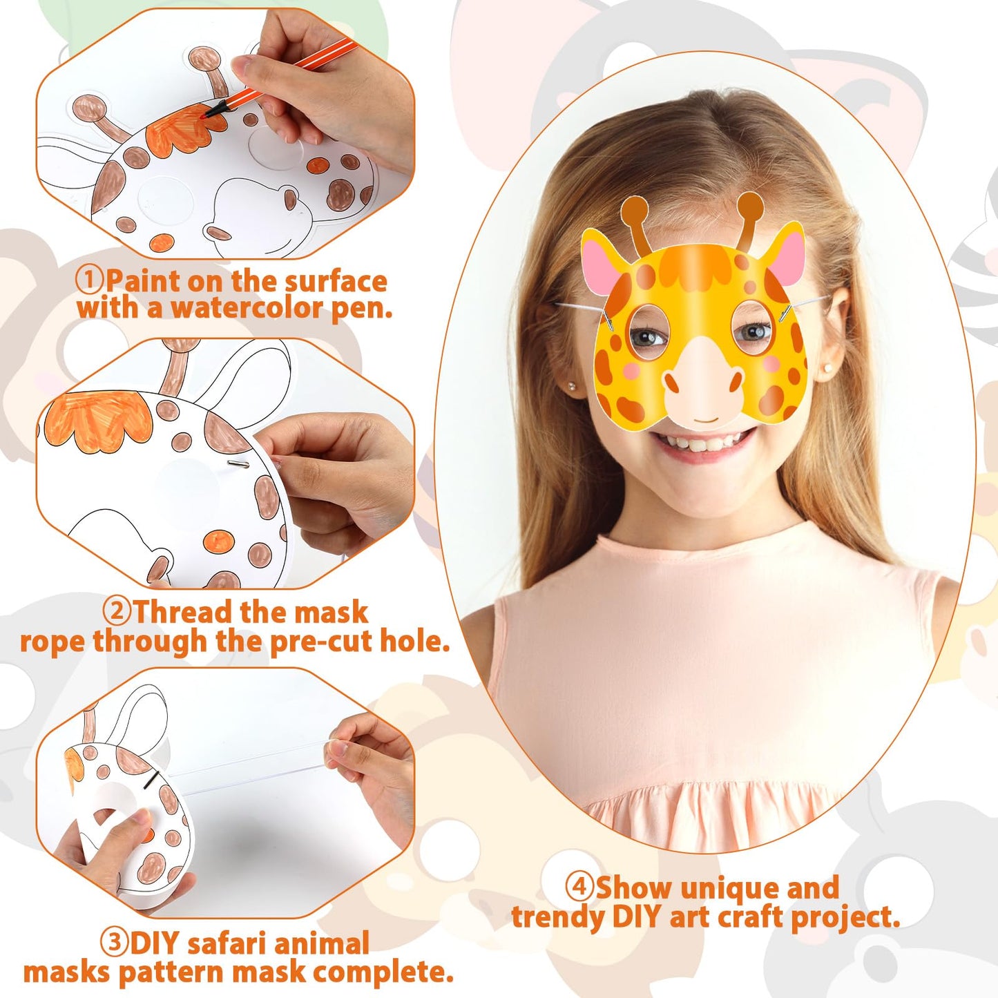 63Pcs Color Your Own Animal Masks Crafts for Kids DIY Paper Blank Jungle Animal Party Favors Lion Tiger Monkey Masks Making Kits with Ropes for School Class Activities Birthday Party Supplies