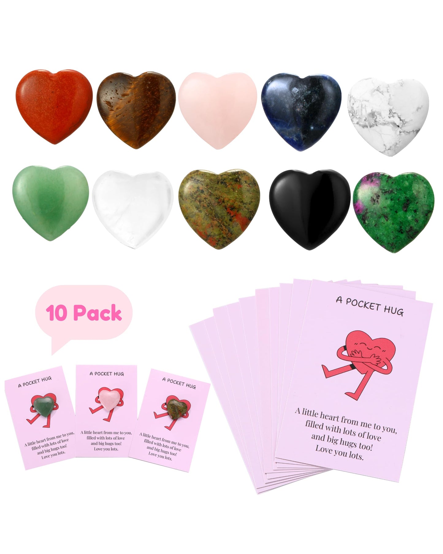 QianCannaor Pocket Hug Bulk Crystal Stone Gift Set – Natural Heart-Shaped, Bulk Mini Thoughtful Gifts for Friends, Coworkers & Family – Emotional & Inspirational Support, Encouragement, Valentine’s, Office & Holiday Christmas Gift (Heart 10Pcs)