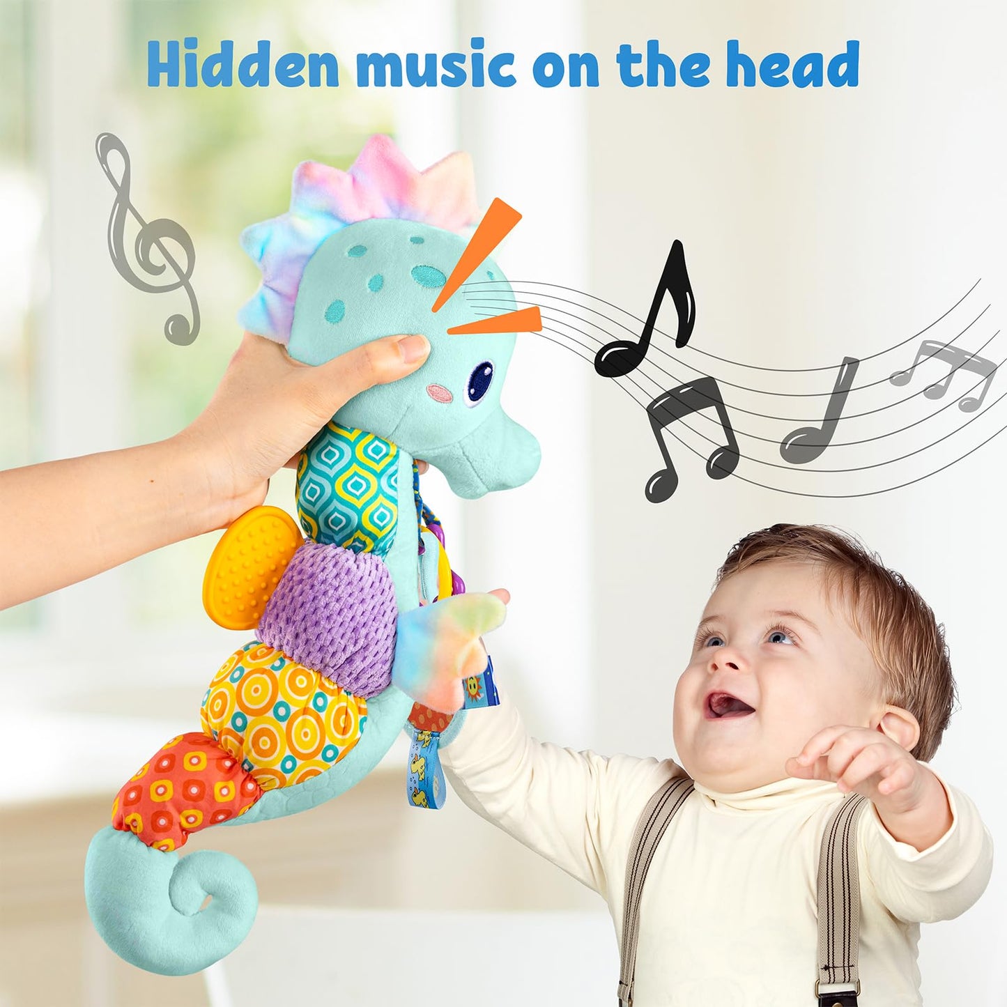 LIGHTDESIRE Baby Toys Musical Seahorse,Infant Stuffed Animal Toys with Crinkle and Rattles,Soft Sensory Toys with Textures for Tummy Time Newborn Boys Girls 0 3 6 12 Months(Blue)