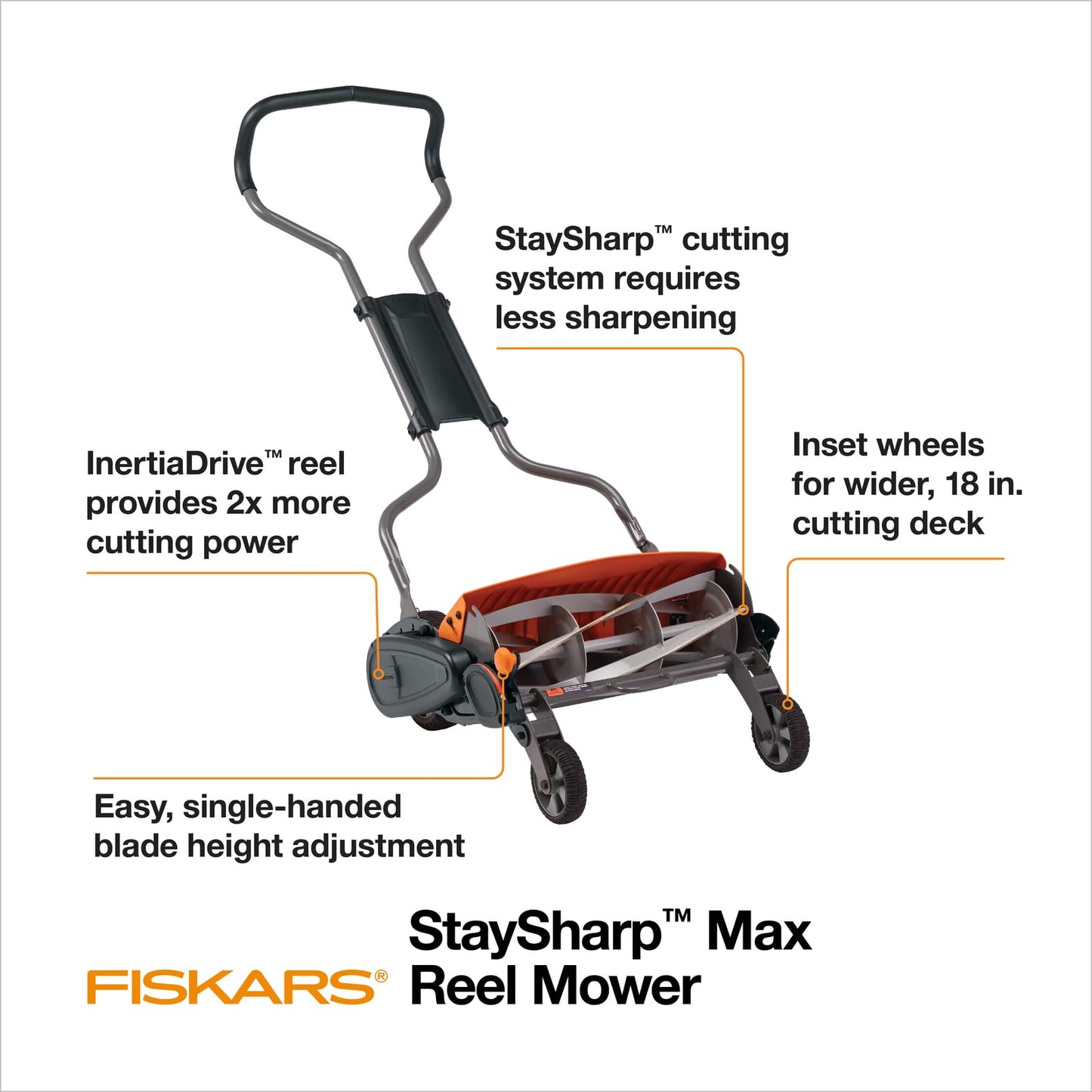 Fiskars Push Mower, Cut Width Manual Reel Mower with No Motor, Eco-Friendly Manual Reel Lawn Care, 18", Black