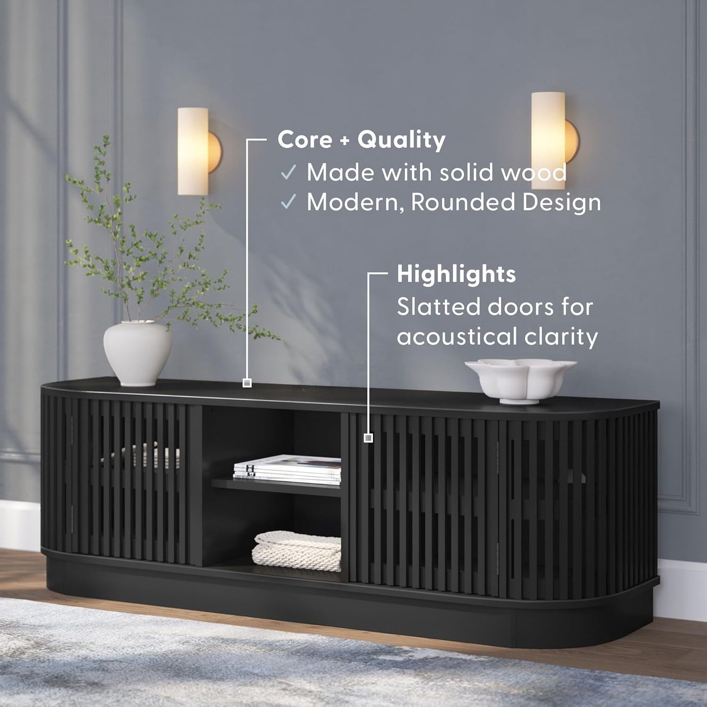 Plank+Beam Contour Wood TV Stand, Solid Wood Entertainment Console with Storage, 59" L x 16" W x 19" H, Black