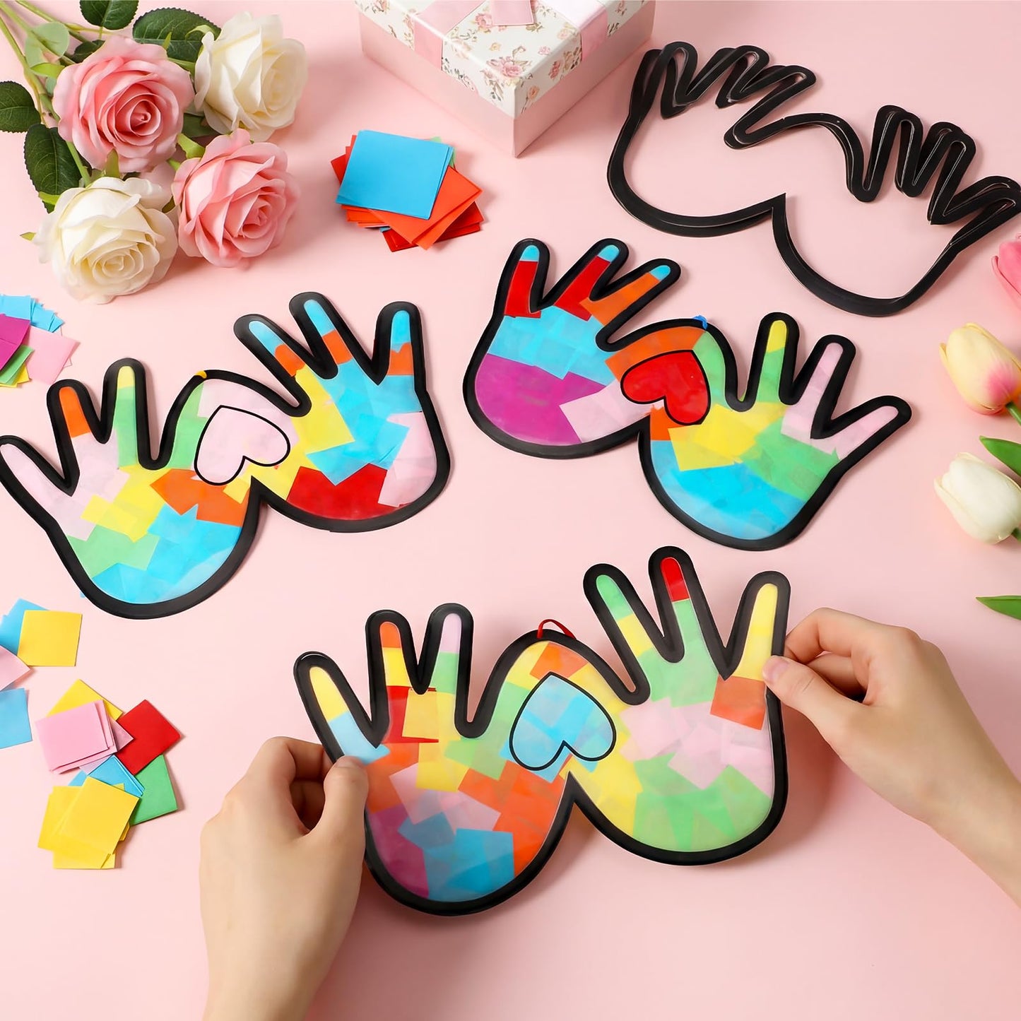Yaomiao 30 Set Mother's Day Suncatcher Crafts, DIY Heart Handprint Stained Glass Style Gift Kit for Mother's Day Party Supplies, Family Activity, Suitable for Home, Window, Door Decorations