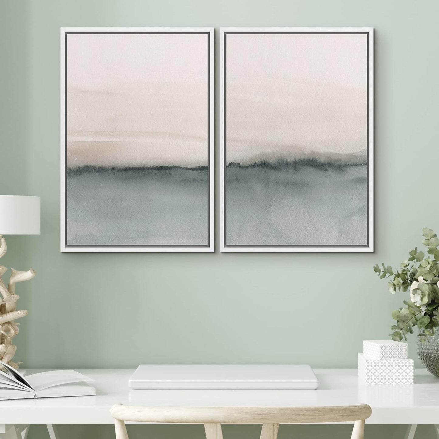 SIGNWIN Framed Canvas Print Wall Art Set Duotone Gray Pastel Landscape Abstract Shapes Illustration Modern Art Decorative Nordic Chic Relax/Zen for Living Room, Bedroom, Office - 24"x36"x2 White