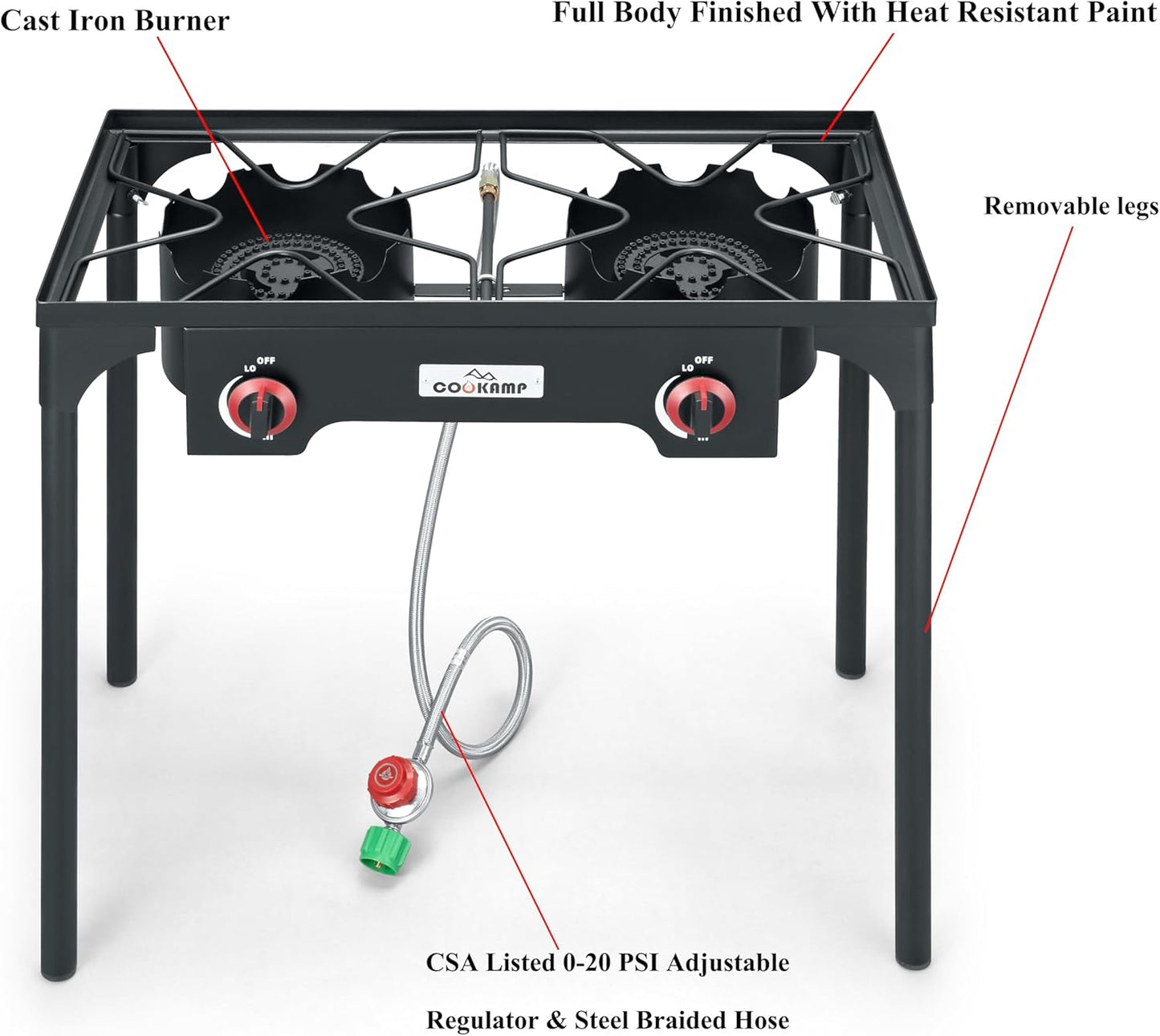 High Pressure Double Propane Burner Outdoor Camping Stove with 0-20 PSI Adjustable Regulator and Steel Braided Hose (Two Burner Stove)