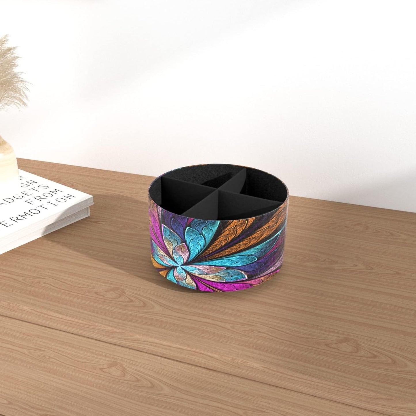 Hennaja Round Leather Art Supply Organizer,Remote Control Holder,360 Degree Rotating,Multi-Functional Pencil Holder,4 Compartments Desktop Stationary Organizer(1-Fractal Flower)