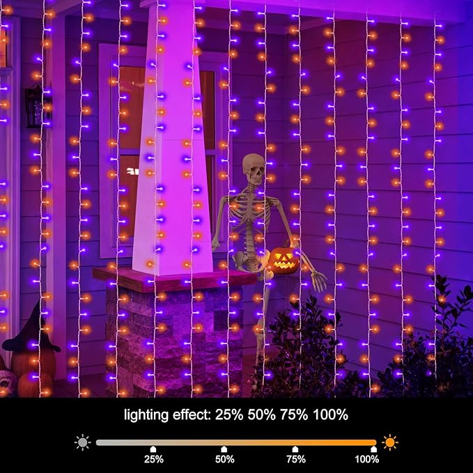 echosari Halloween Curtain Lights Battery Operated, 300 LED Purple Orange Fairy Curtain Lights 9.8Ft x 9.8Ft Hanging Lights with Remote Timer for Party Garden Yard Decor