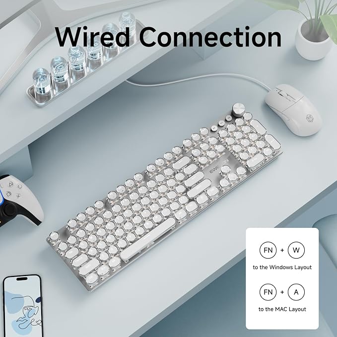 EWEADN Wired Typewriter keyboard and Mouse Combo, Typewriter Style Mechanical Gaming Keyboard,104 Keys Backlit LED Keyboards, Media Control Knob, Wired Keyboard White Switch for Windows/Mac/PC-White