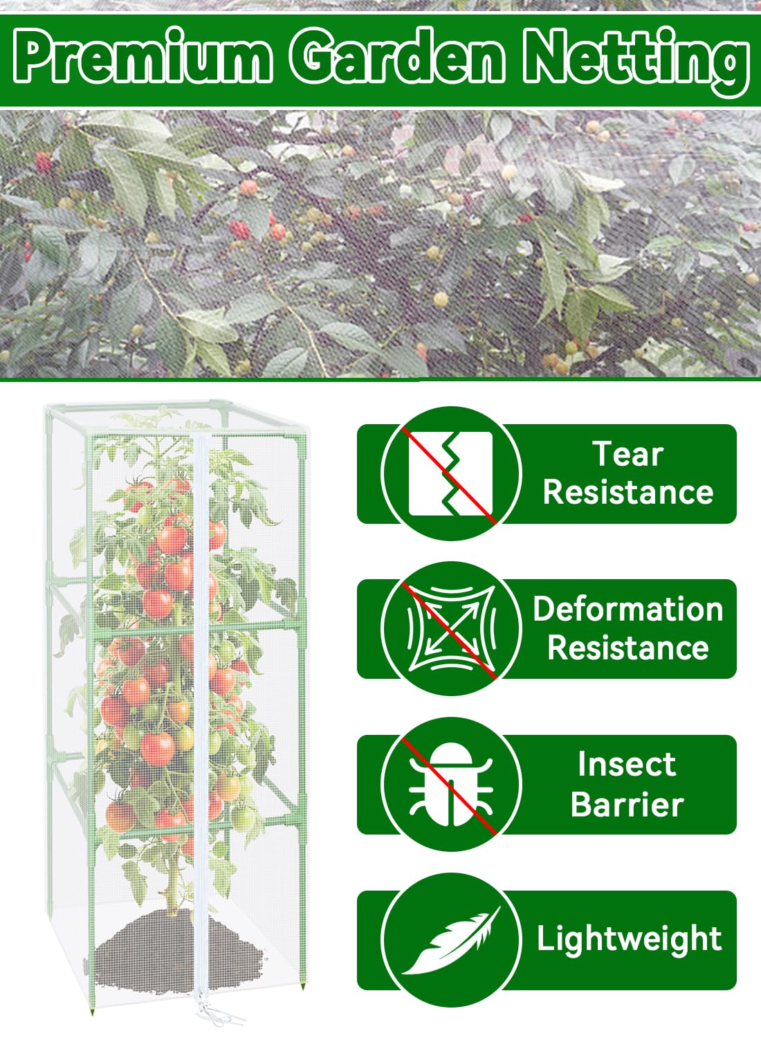 ZeeDix 43.3" x 16.1" Garden Bird Netting for Square Tomato Cage, 6 Pack Garden Mesh Barrier, Plant Covers Protect Tomatoes, Vegetables, Blueberry Bush from Birds & Pests