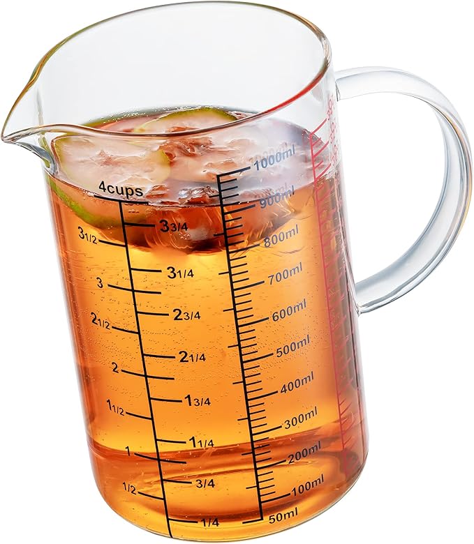Glass Measuring Cup-[Insulated handle | V-Shaped Spout]-Made of High Borosilicate Glass Measuring Cup for Kitchen or Restaurant, Easy to Read, 1000 ML (32 Oz, 4 Cup)