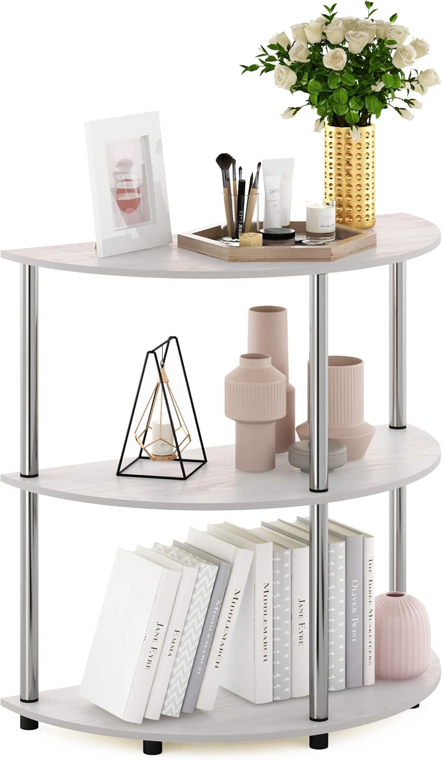 Furinno Frans Turn-N Half Round Console Table with Stainless Steel Tubes, White Oak, 15.6D x 31.1W x 30.8H in
