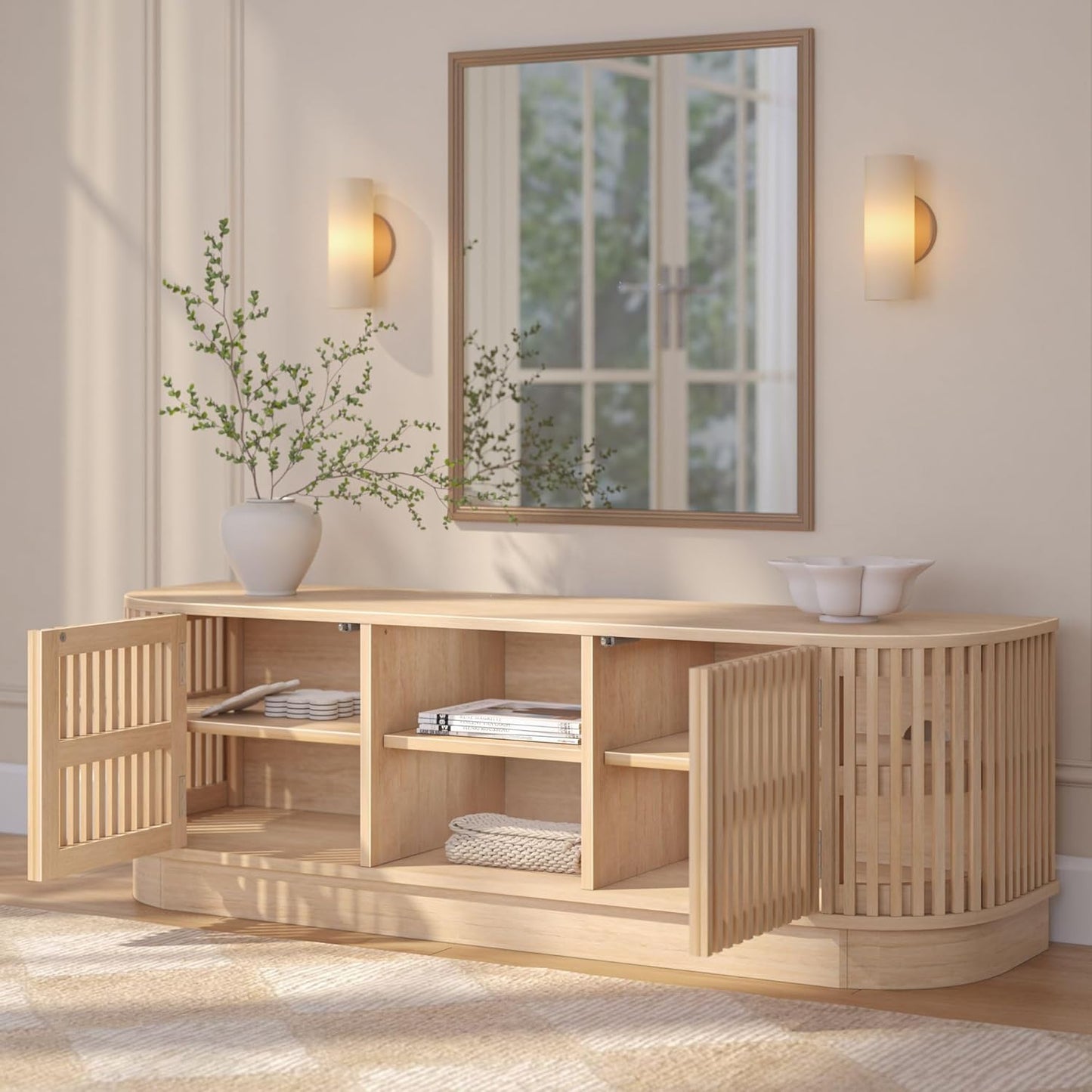 Plank+Beam Contour Wood TV Stand, Solid Wood Entertainment Console with Storage, 59" L x 16" W x 19" H, Blonde