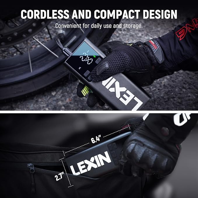 LEXIN P5 Tire Inflator Portable Air Compressor, 150PSI Electric Air Pump for Car Tires, w/Pressure Gauge&LED Light, 5000mAh Cordless Smart Pump for Car/Motorcycle/Bike/Bicycle/Scooter/Ball, Alloy