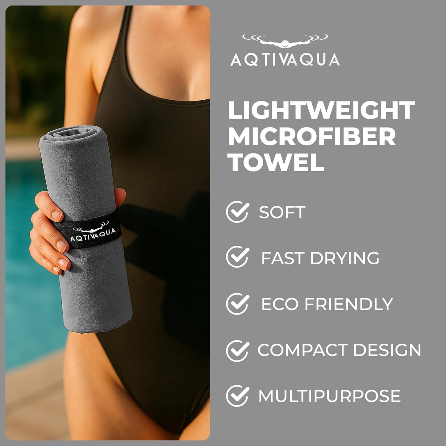 AqtivAqua Quick Dry Towel - Lightweight Microfiber Travel Towel w/Bag - Fast Drying Towel Set for Camping, Beach, Pool, Gym, Backpacking, Sports, Yoga & Swim Use, Hiking (Gray, L:30"x60")