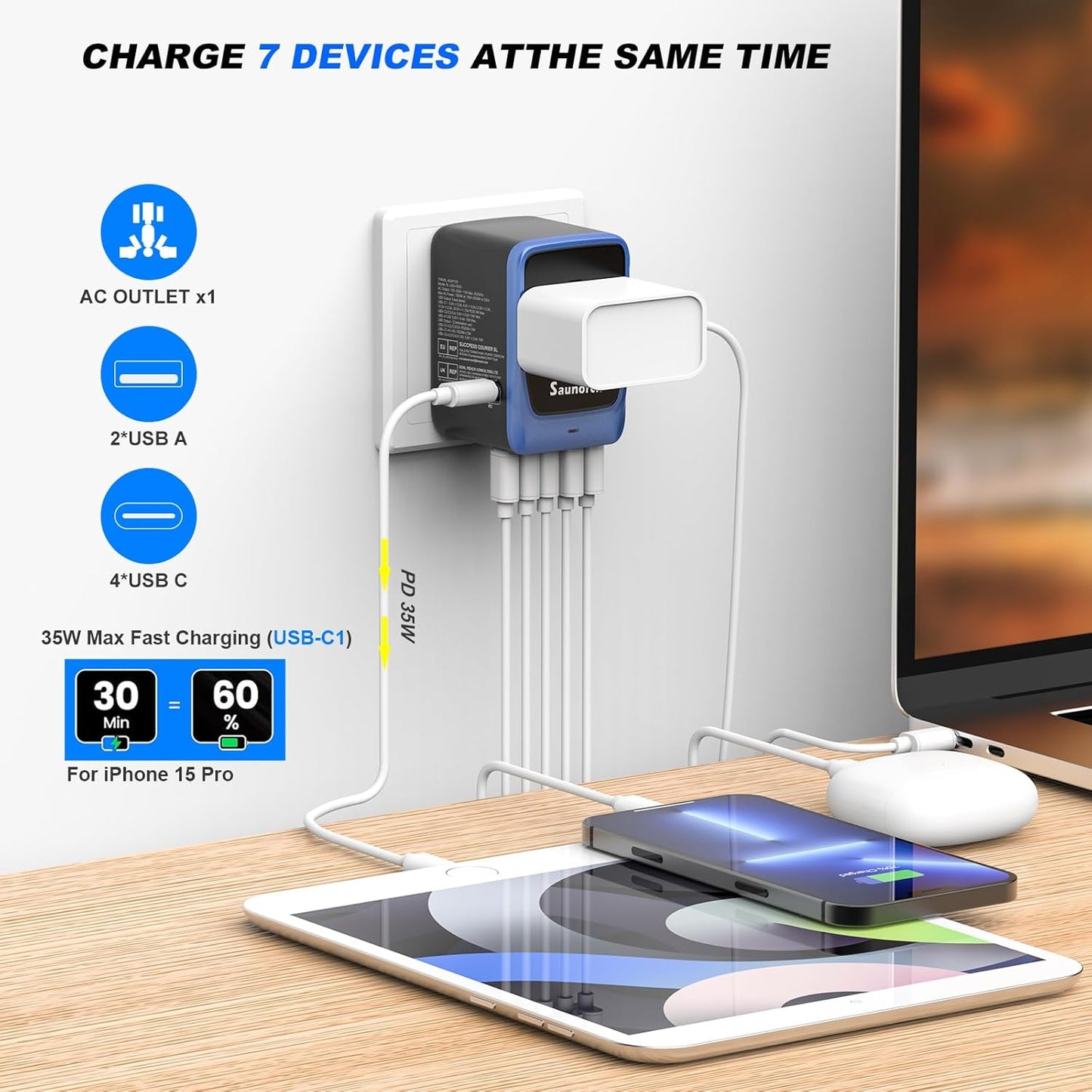 Universal Travel Adapter, PD 35W 7 in 1 International Power Plug Adapter with 7.0A 4 USB-C and 2 USB-A Fast Wall Charger, Worldwide AC Outlet for US Europe UK AUS (Black+Blue)