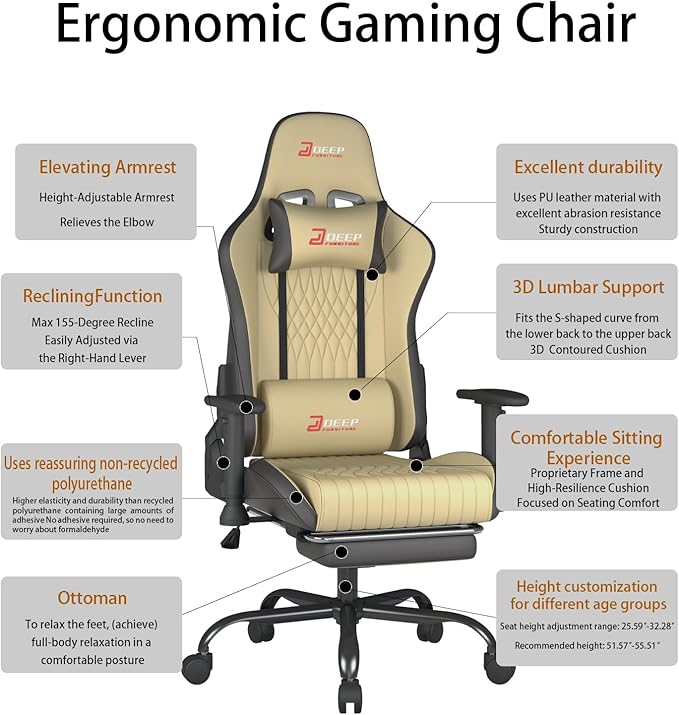 Video Game Chair with Footrest Ergonomic Comfortable Gaming Office Chair Height-Adjustable with a 360° Swivel Base and Headrest(1002-Beige)