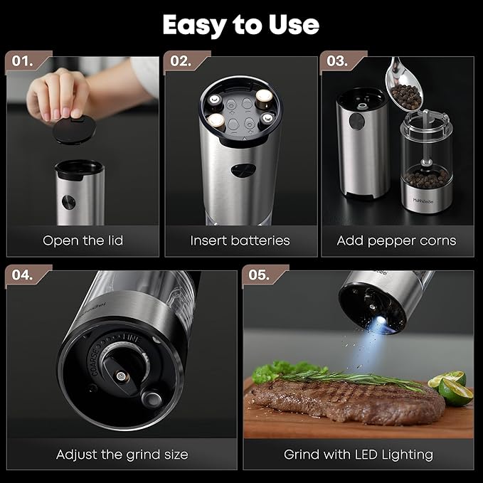 Electric Salt and Pepper Grinder One-hand Operated, Adjustable Coarseness, Stainless Steel body Ceramic Burrs,Pepper Shakers Mills with LED Light,House Warming Cooking Gift