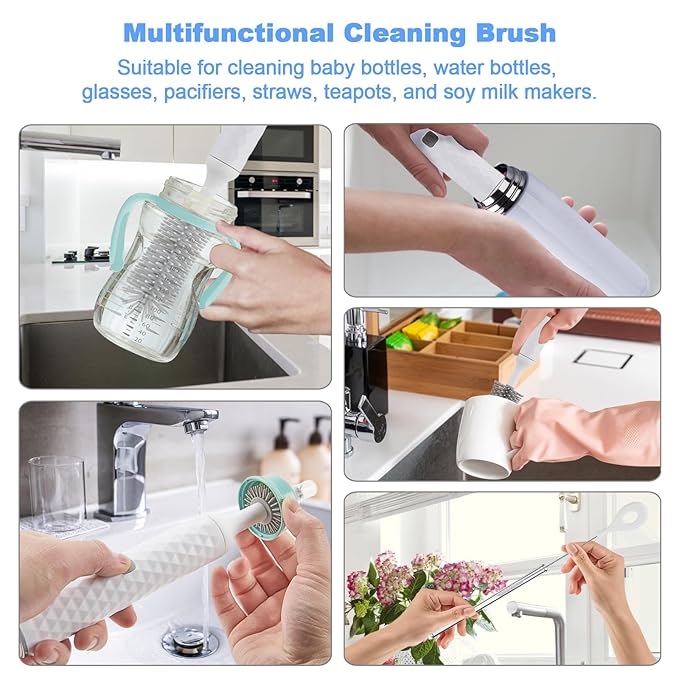Rechargeable Electric Bottle Brush Cleaner Set with 3 Piece Silicone Baby Bottle Brush Cleaner and Straw Cleaner Brush,BPA Free,Waterproof,Perfect Baby Registry Gift,White