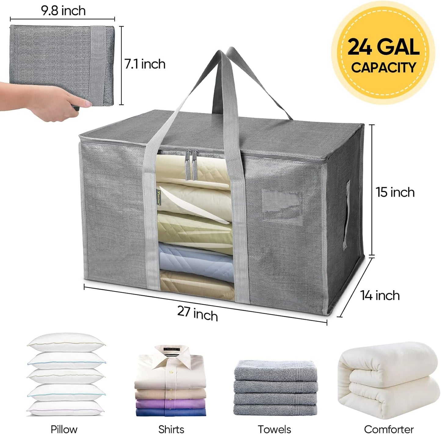BALEINE 2-Pack Oversized Moving Bags with Reinforced Handles, Heavy-Duty Storage Tote for Clothes, Moving Supplies (Grey with Window, 2-Pack)