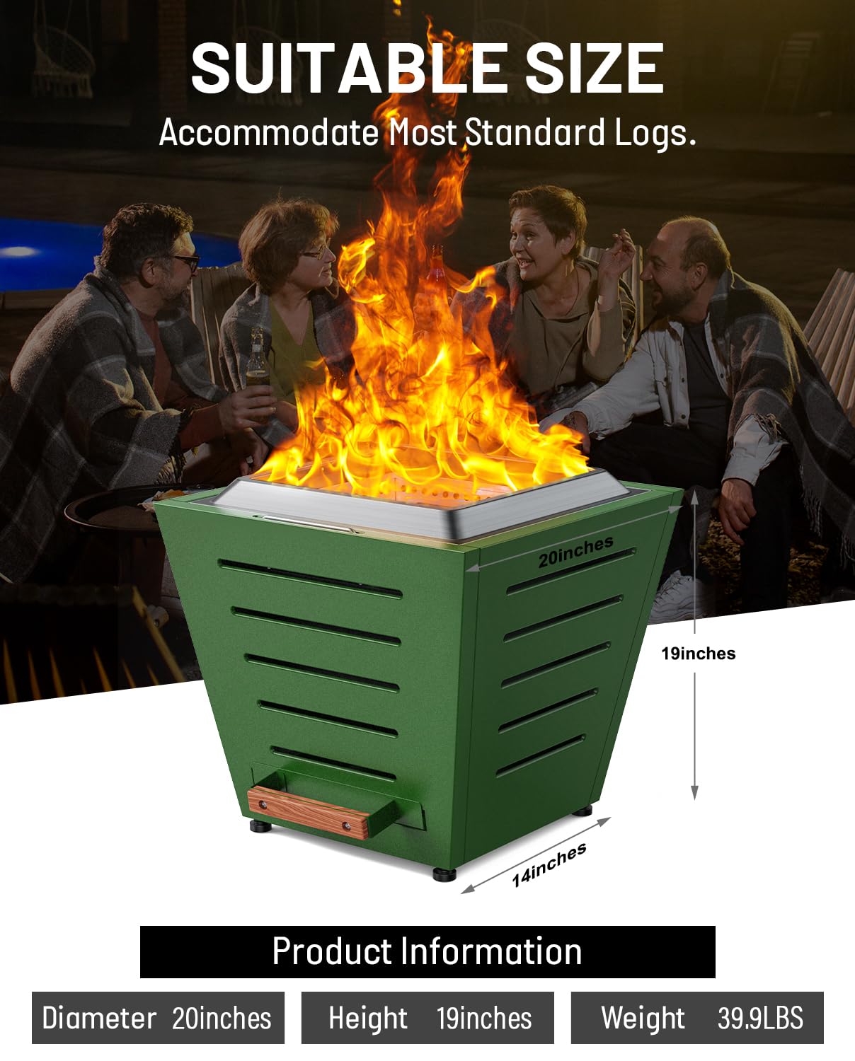 20 Inch Smokeless Fire Pit Stainless Steel Wood Burning Fireplace Portable Outdoor Fire Pit Patio Smokeless Firepit with Pull-Out Ash Tray and Handles, Green