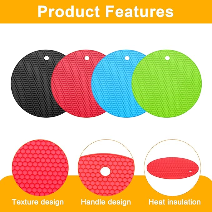 uxcell 4pcs Silicone Jar Opener Pads, 17.5cm/7" Texture Can Opener Multipurpose Round Bottle Lid Opener Non-Slip Coasters for Weak Hands Seniors Children, Red/Blue/Green/Black