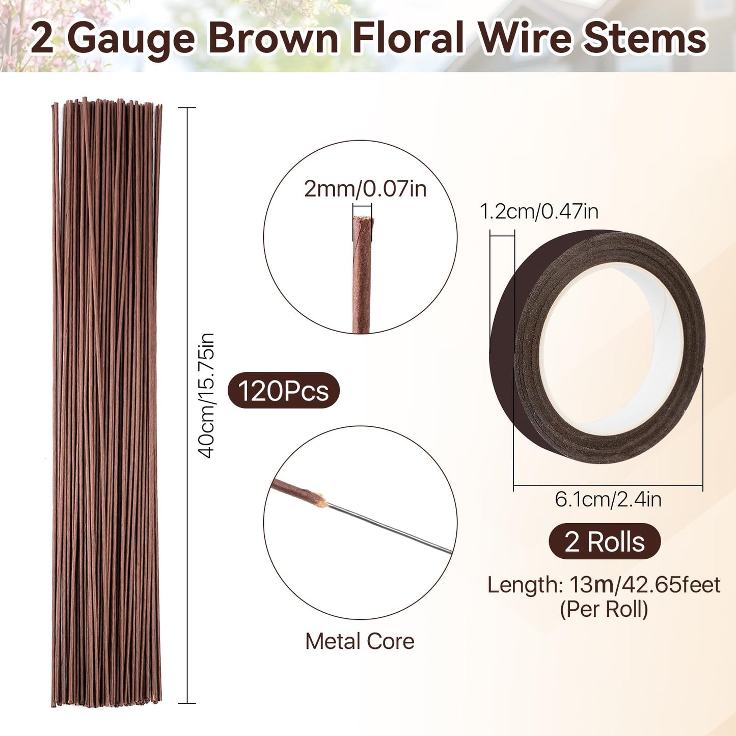 Worldity 120 Pcs Brown Floral Wire Stems, 2 Gauge Faux Flower Stems Brown with 2 Rolls Floral Tape, 15.75 in Floral Stems Wire for Paper Flower, Wreath Making, Artificial Flowers,Florist Supplies