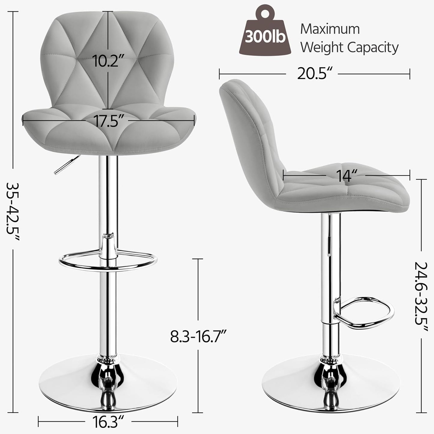 Yaheetech Grey Bar Stools Set of 2, PU Leather Bar Chairs with Backrest, Height Adjustable Swivel Island Stools for Bar, Kitchen Counter, Light Grey