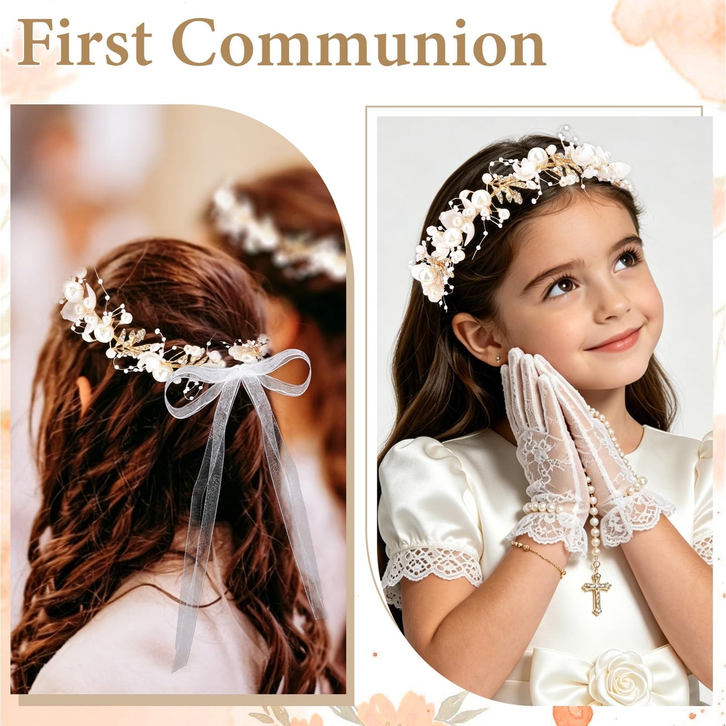 Semato 2 Pcs Flower Girl Headpiece for First Communion Headpiece Princess Tiara Crown with Rhinestone and Pearl Headband Floral Wedding Prom for Girls and Women (Gold)