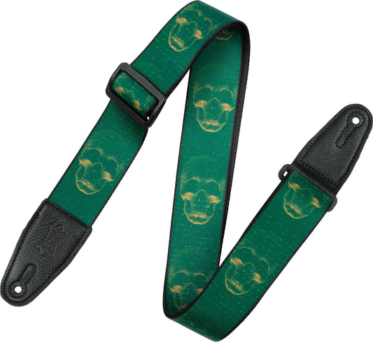 Levys Leathers 2 Wide Polyester Guitar Strap with Genuine Leather Ends; Green & Mustard Scanned Skull Motif (MPD2-113)