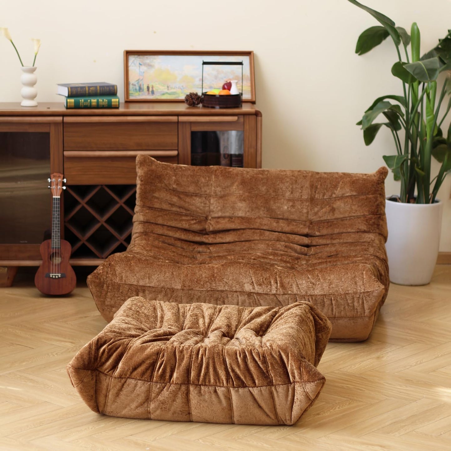 N&V Fireside Chair, Mid Century Armless Floor Sofa, Soft Premium Chenille Floor Lounge Chair, Foam Sofa Accent Chair for Living Room Bedroom and Office (Brown, Loveseat)