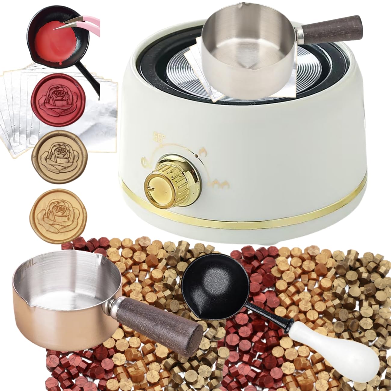 Sealing Wax Warmer Electric, Electrical Wax Seal Warmer Melting Furnace Kit with 300pcs Metal Waxseal Beads, a 80ml Large Spoon, a Non-Slip Melt Scoop(300 Metal White Set)