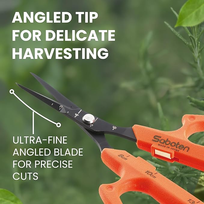 Saboten 6.3" Japanese Harvesting Shears, Magnetic Springless Assist, Fine-Tip Angled Blade, Fluorine-Coated Stainless Steel, Ergonomic Non-Slip Grip, Safety Lock, Made in Japan