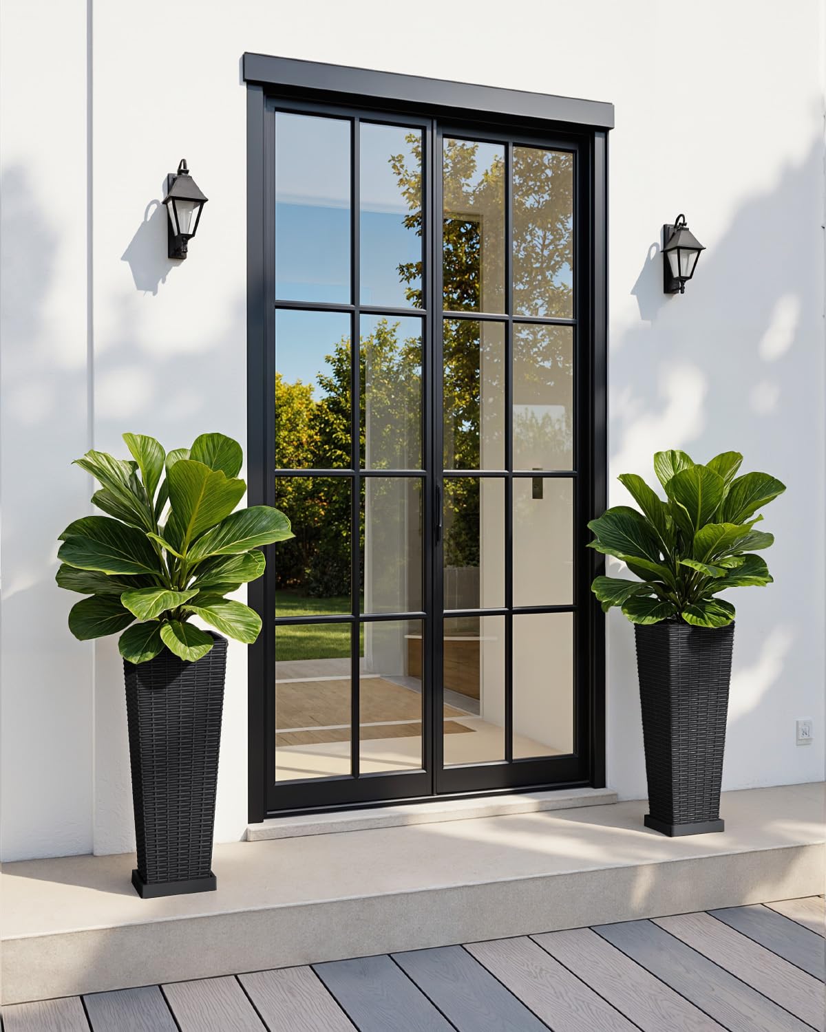 Greesum Set of 2 Tall Plastic Planters with Saucer, 24 Inch Large Pots with Drainage Trays, Weather-Resistant Plastic Plant Containers for Patio, Porch, Garden,Black