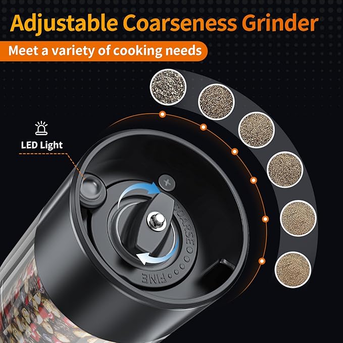 2Pack Electric Salt and Pepper Grinder Set USB Rechargeable with Warm LED Light, Adjustable Coarseness Lidaop Large Capacity Automatic Salt Pepper Mill Shakers for Kitchen, Restaurant, Upgrade Black