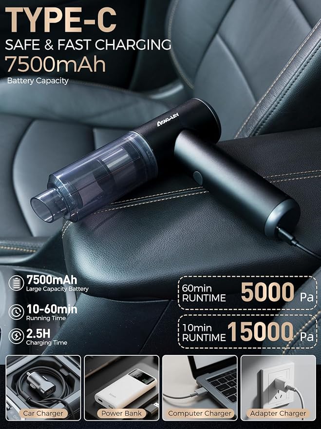 aokway Car Vacuum Portable Cordless 15000PA Powerful Suction, 7500mAh, 4-in-1, High Power Mini Vacuum Cleaner for Car, Home, PC, Keyboard, Desk Cleaning Small Handheld Rechargeable (Black)